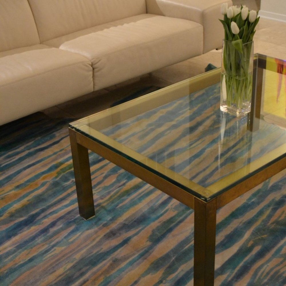 Cowhide Leather Rug Blue beige White Striped dyed - Picture 1 of 5